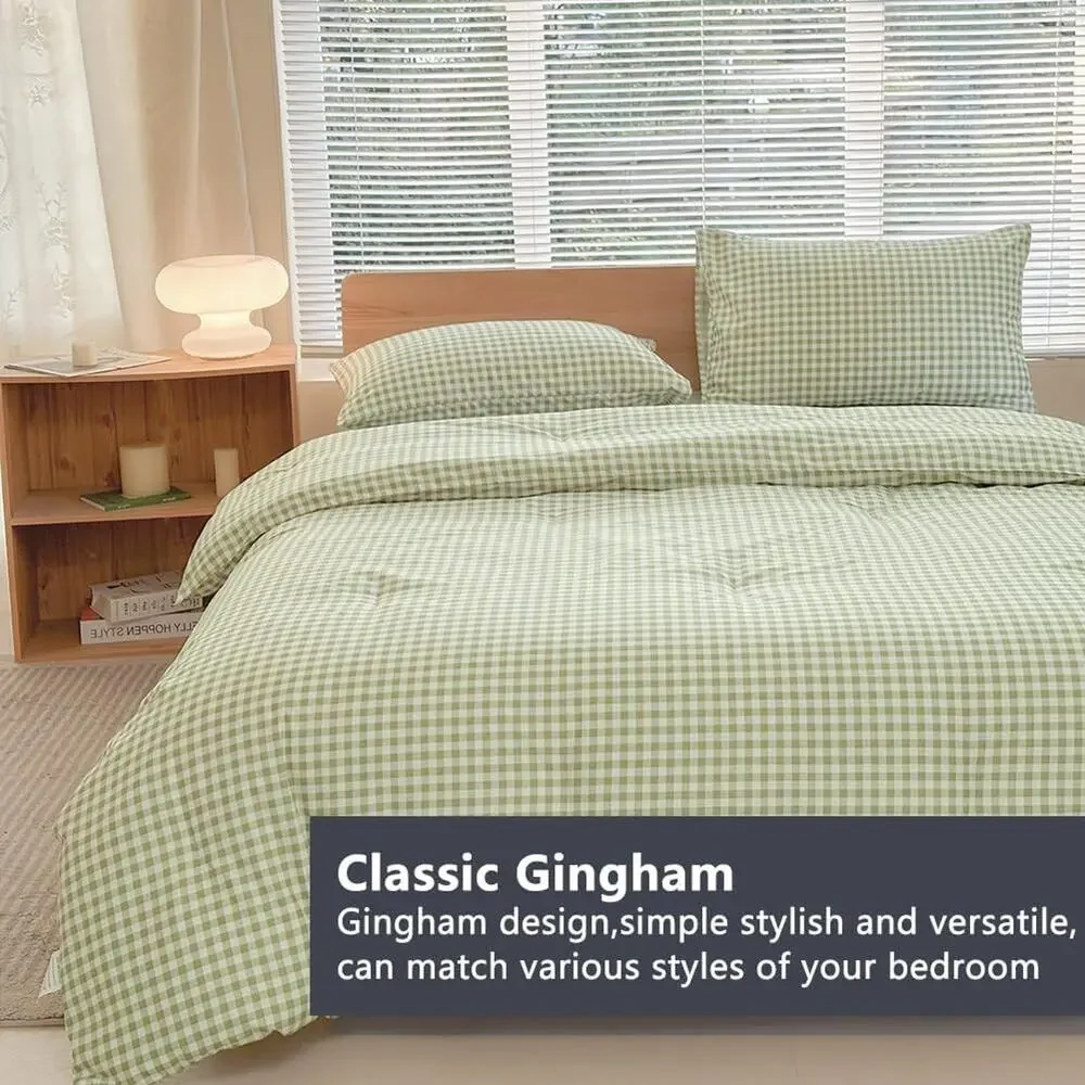 Twin Comforter Set, Light Green Gingham Bedding Sets, Blue Grid Bed Comforter